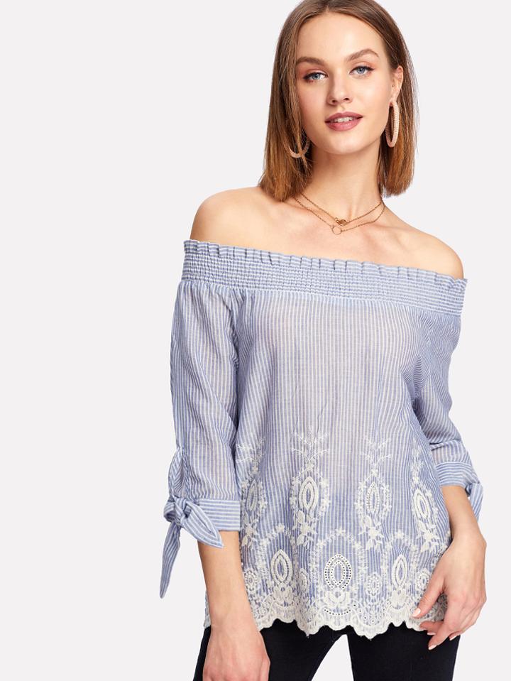 Romwe Embroidered Eyelet Detail Hem Blouse