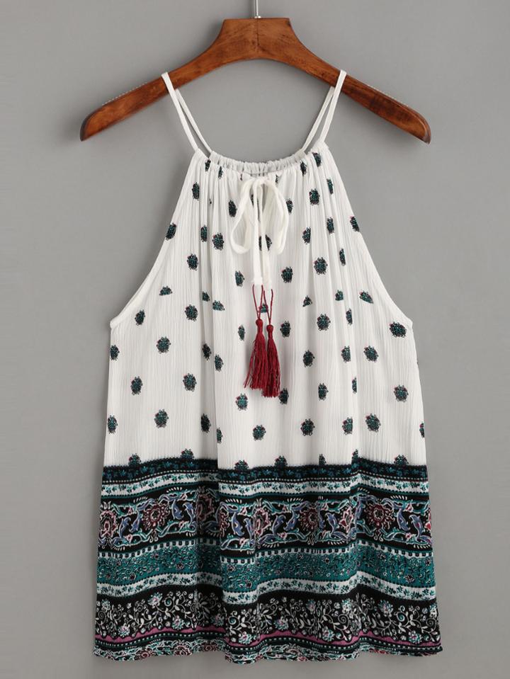 Romwe Tribal Print Lace Up Fringe Cami Top