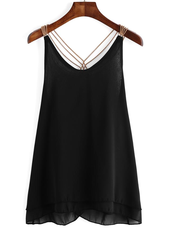 Romwe Black Chain Strap Chiffon Cami Top