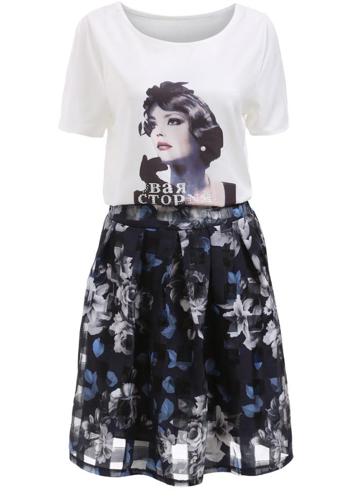 Romwe Monroe Print Diamond Top With Florals Skirt