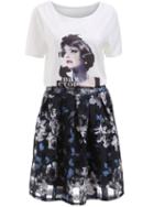 Romwe Monroe Print Diamond Top With Florals Skirt