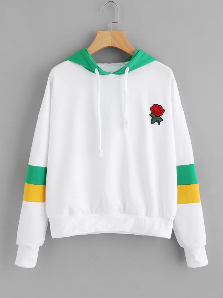 Romwe Rose Embroider Patch Color Block Hoodie
