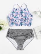 Romwe Striped And Floral Print Criss Cross Back Bikini Set