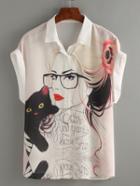 Romwe White Portrait Print Roll Sleeve Chiffon Blouse