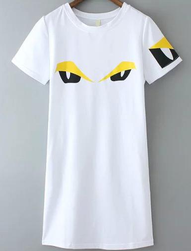 Romwe Eye Print Shift White Dress