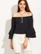 Romwe Striped Off The Shoulder Bell Sleeve Top