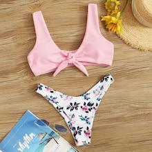 Romwe Knot Front Ribbed Top With Random Floral Bikini Set
