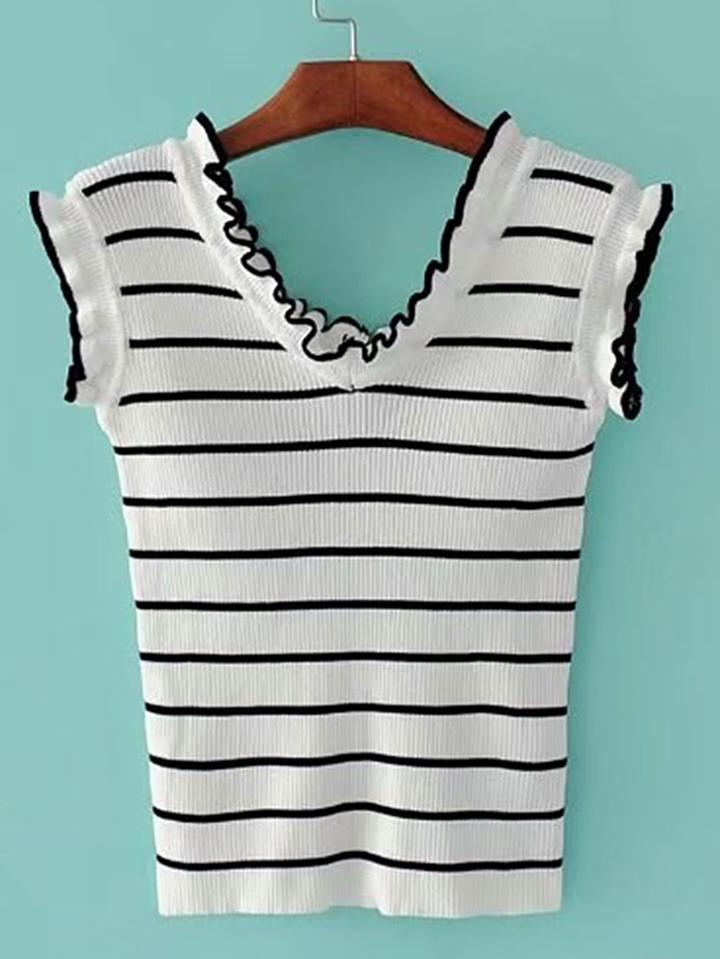 Romwe Contrast Striped Frill Trim Knitwear