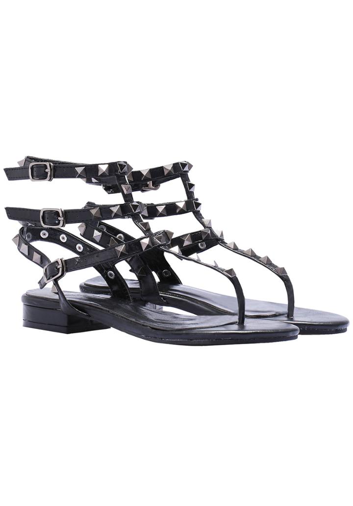 Romwe Black Rivet Buckle Pu Sandals