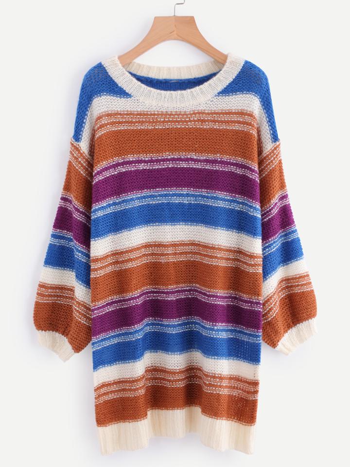 Romwe Multi Stripe Drop Shoulder Lantern Sleeve Sweater Dress