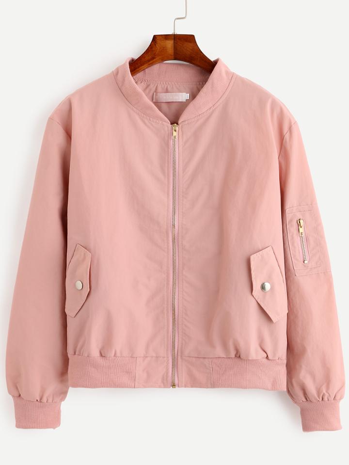 Romwe Pink Zip Front Bomber Jacket