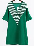 Romwe Green Striped V Neck Long Knitwear
