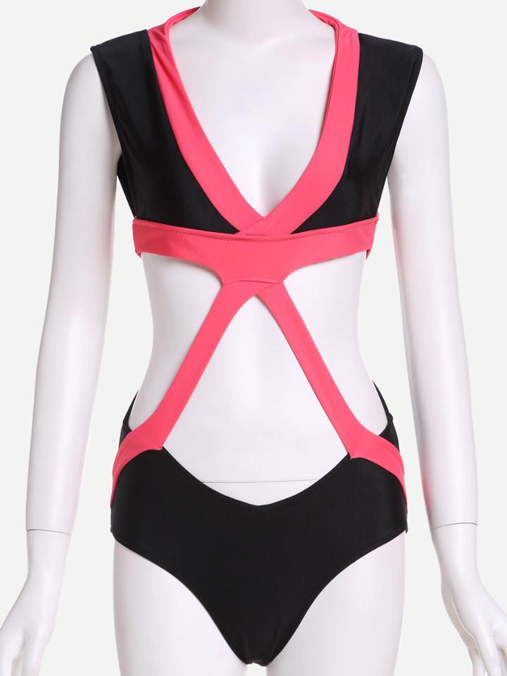 Romwe Black Contrast Trim Cutout Zip Back Monokini