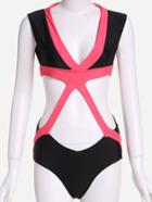 Romwe Black Contrast Trim Cutout Zip Back Monokini