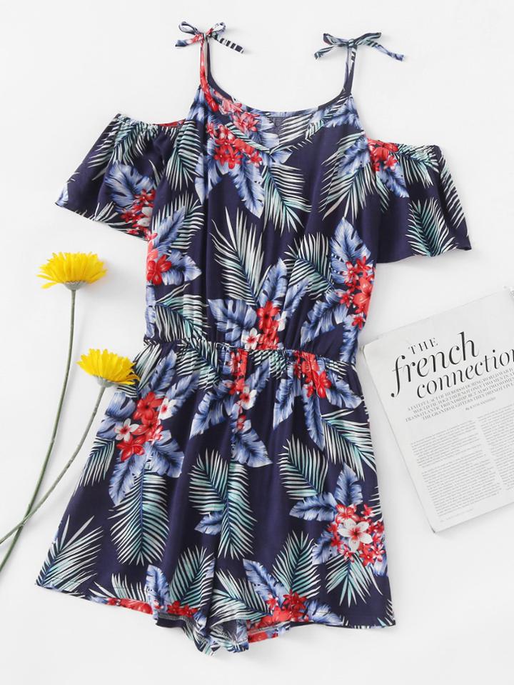 Romwe Self Tie Open Shoulder Floral Print Random Romper