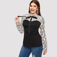Romwe Plus Contrast Lace Tie-neck Blouse