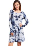 Romwe Navy Ink Print Tie-dye Long Sleeve Dress