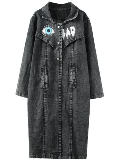 Romwe Eye Print Denim Frock Black Coat