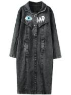 Romwe Eye Print Denim Frock Black Coat