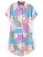 Romwe Multicolor Cat Print Shirt Dress