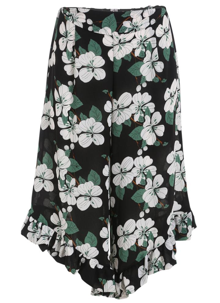 Romwe Peplum Hem Wide Leg Florals Green Shorts