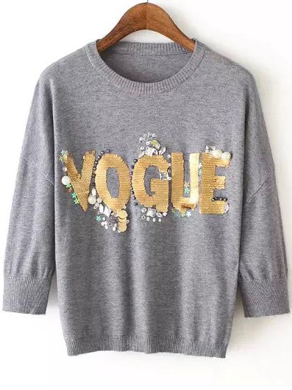 Romwe Sequined Bead Letter Pattern Grey Sweater