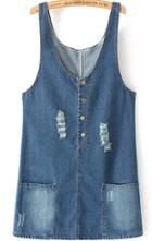 Romwe Ripped With Buttons Denim Blue Dress