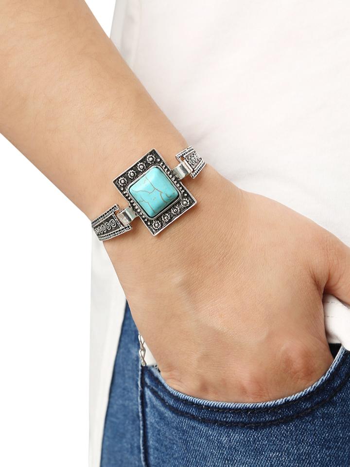 Romwe Square Turquoise Set-in Carved Bracelet