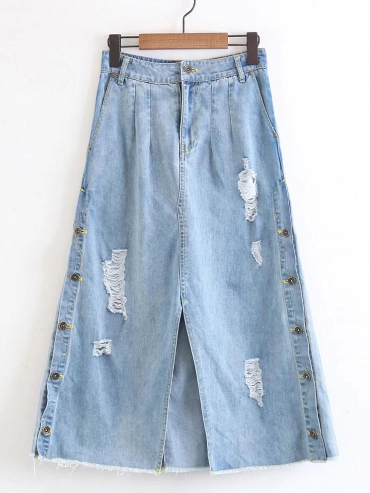Romwe Button Up Side Midi Denim Skirt