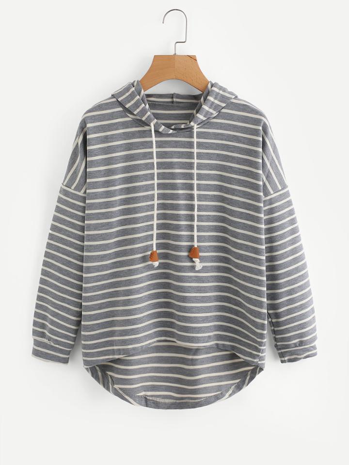 Romwe Drop Shoulder High Low Striped Hoodie