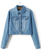 Romwe Blue Flower Embroidery Single Breasted Denim Jacket