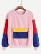 Romwe Pink Contrast Drop Shoulder Pocket Sweatshirt