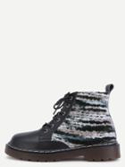 Romwe Black Genuine Leather Wool Embellished Lace Up Martin Boots