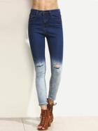 Romwe Blue Ombre Knee Ripped Skinny Jeans