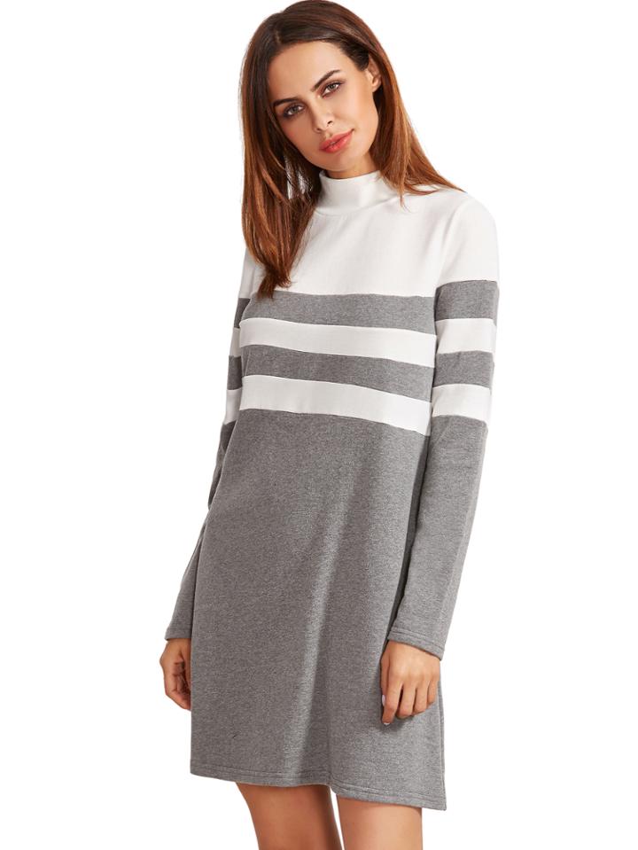 Romwe Grey Long Sleeve Shift Dress