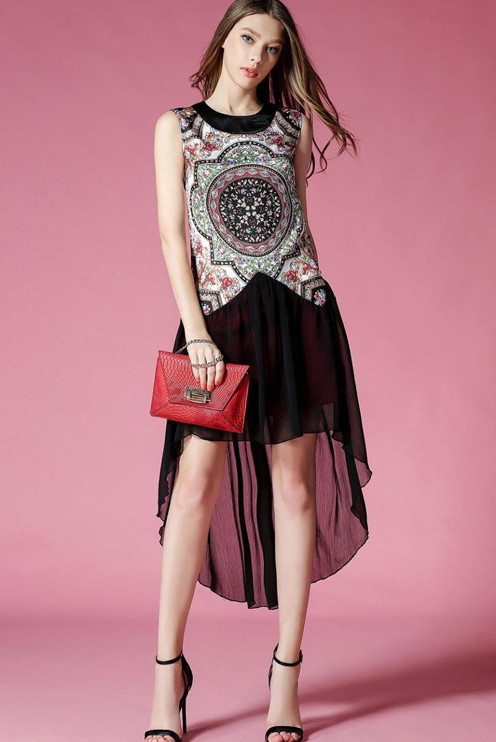 Romwe Sleeveless Flower Print High Low Dress