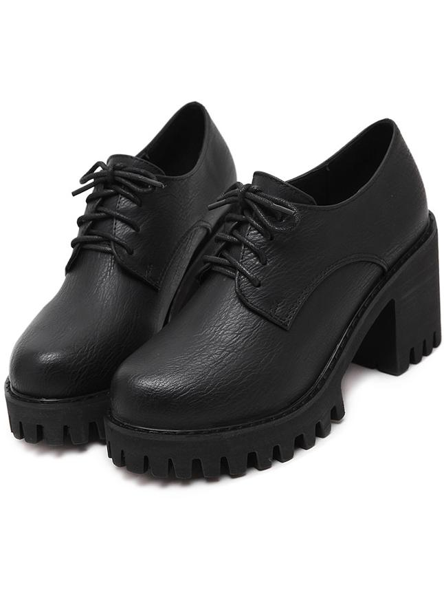 Romwe Black Round Toe Lace Up Thick-soled Pumps