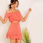 Romwe Off Shoulder Ruffle Top And Layered Hem Skirt Set