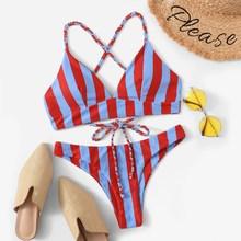 Romwe Striped Criss Cross Top With Low Rise Bikini Set