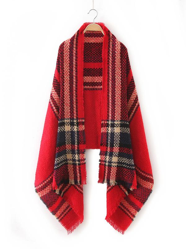 Romwe Red Plaid Raw Edge Scarf