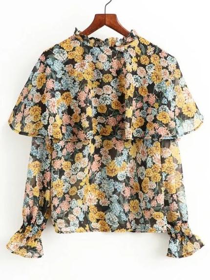 Romwe Band Collar Floral Ruffle Trim Top