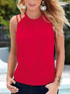 Romwe Red Strappy Back Halter Neck Band Hem Top