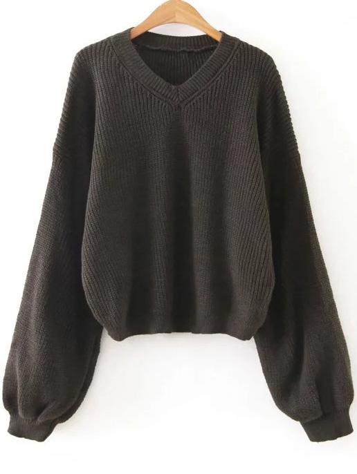 Romwe Dark Grey V Neck Lantern Sleeve Sweater