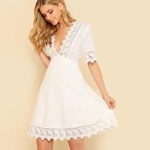 Romwe Lace Trim Eyelet Embroidered Dress
