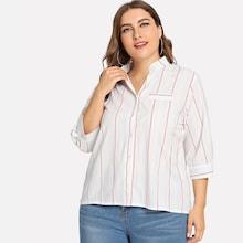 Romwe Plus Striped V Neck Blouse