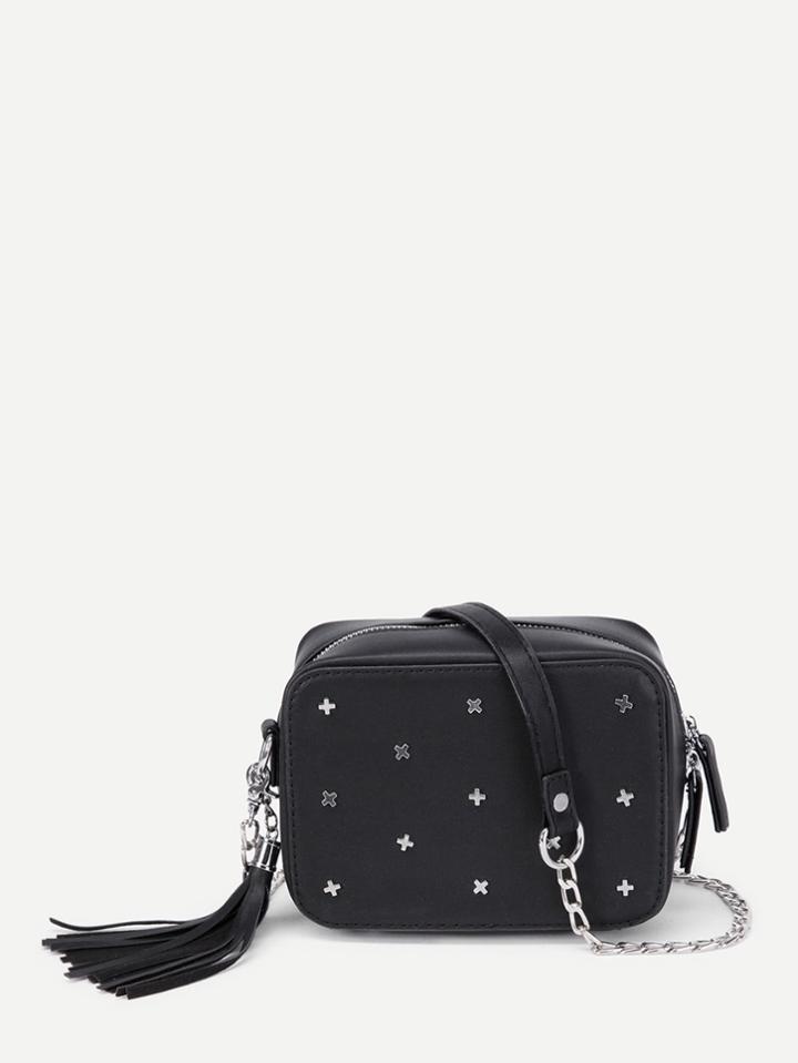 Romwe Metal Cross Detail Pu Chain Bag With Tassel