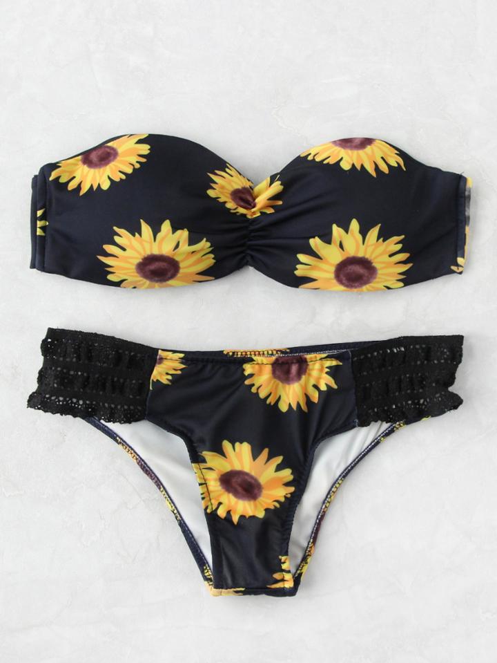 Romwe Sunflower Lace Crochet Detail Bandeau Bikini Set