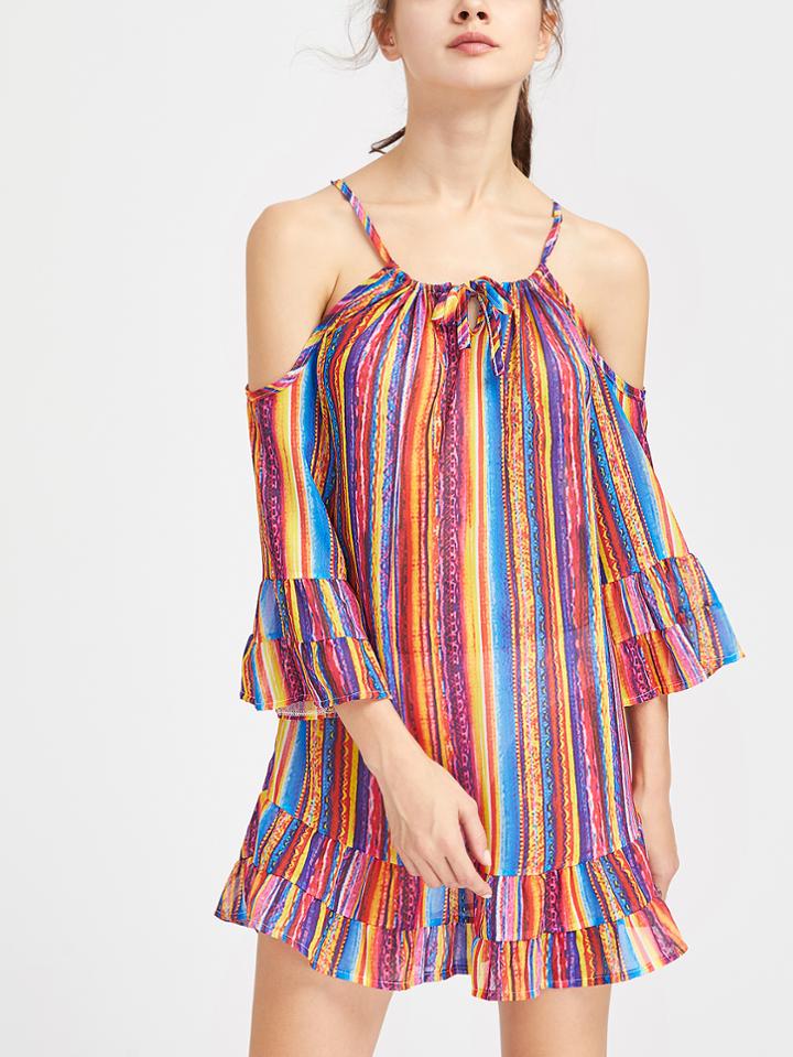 Romwe Open Shoulder Striped Self Tie Front Tiered Dress
