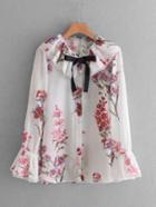 Romwe Tie Neck Floral Print Flounce Blouse