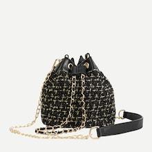 Romwe Tweed Chain Bucket Bag With Drawstring